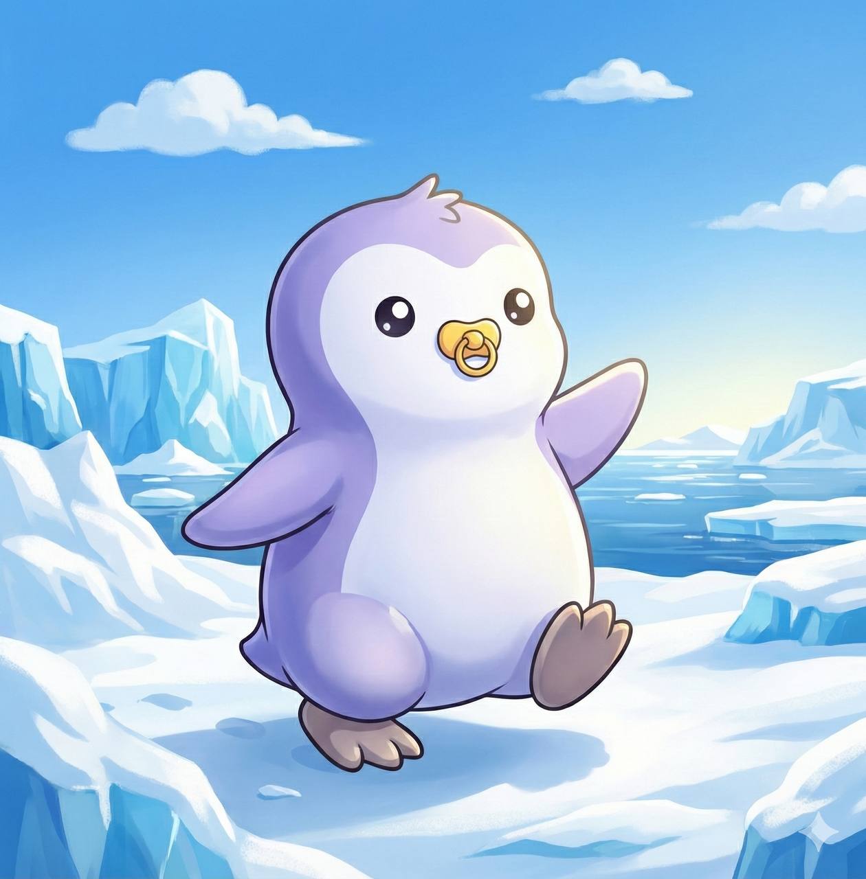 Baby Puffy walking across icy cliffs