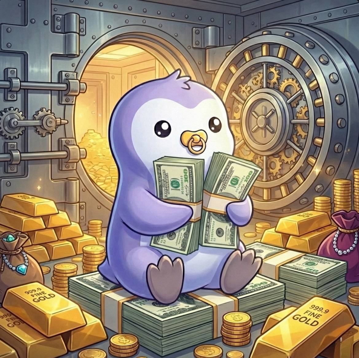 Baby Puffy in a vault surrounded by gold