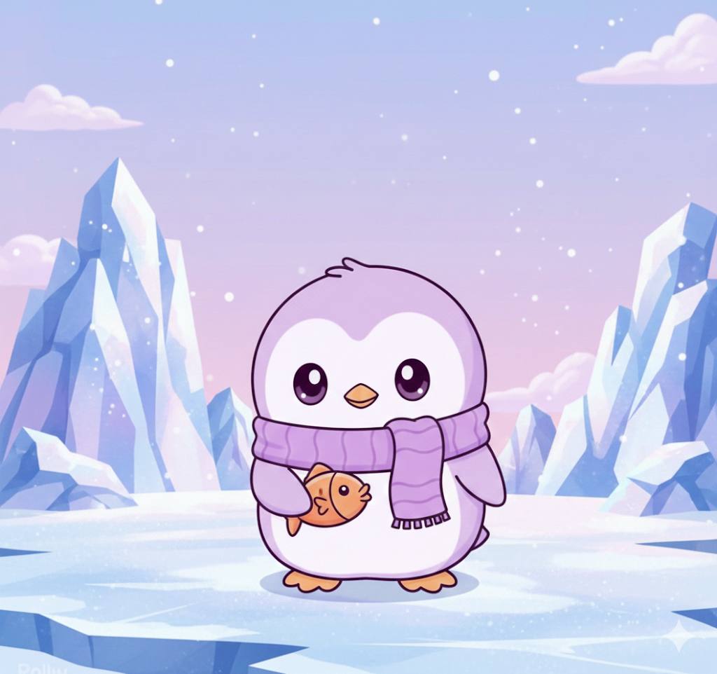 Baby Puffy wearing a scarf in the snow